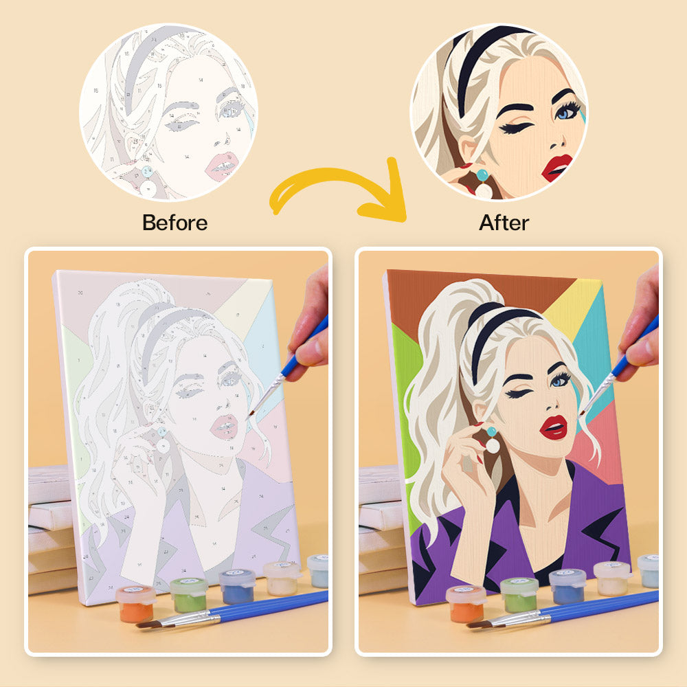 Before and after of a Lipstick & Attitude mini paint by numbers canvas