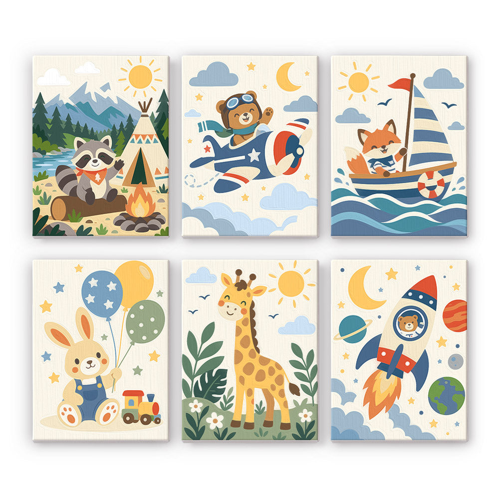 Little Adventurers mini paint by numbers set: six designs of a camping raccoon, pilot bear, sailing fox, bunny, giraffe and astronaut
