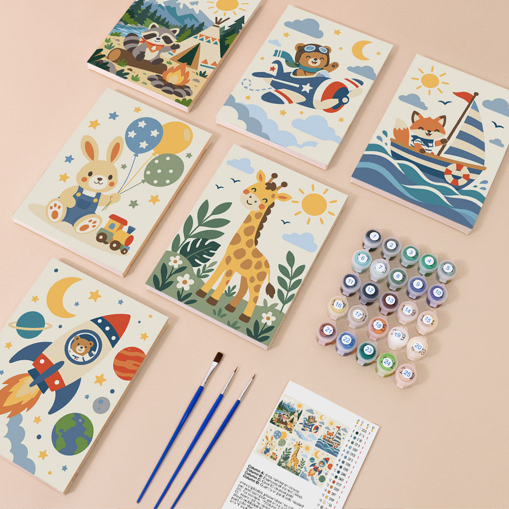 Little Adventurers mini paint by numbers kit with six numbered canvases, acrylic paints, brushes and layout
