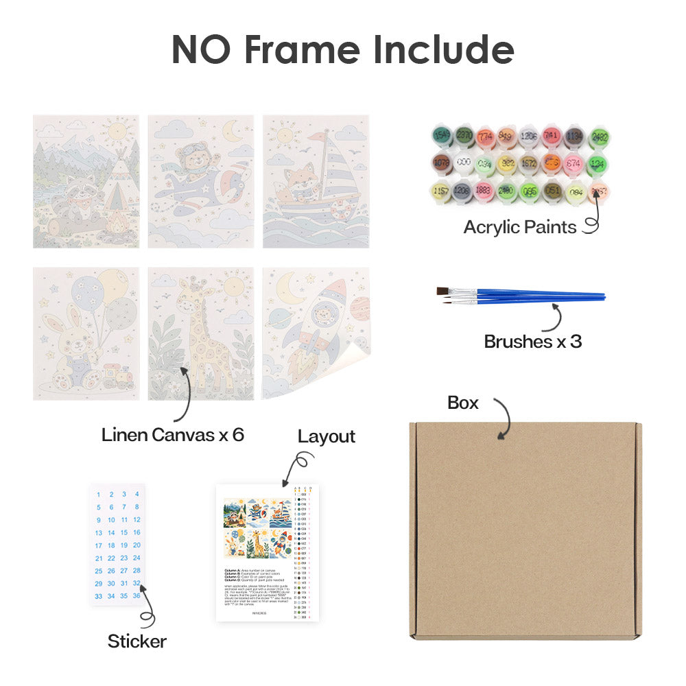 What's included without a frame: six rolled Little Adventurers mini canvases, acrylic paints, three brushes and layout