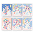 Little Angels mini paint by numbers set: six designs of pastel angels with rainbow hair, halos, moons and clouds