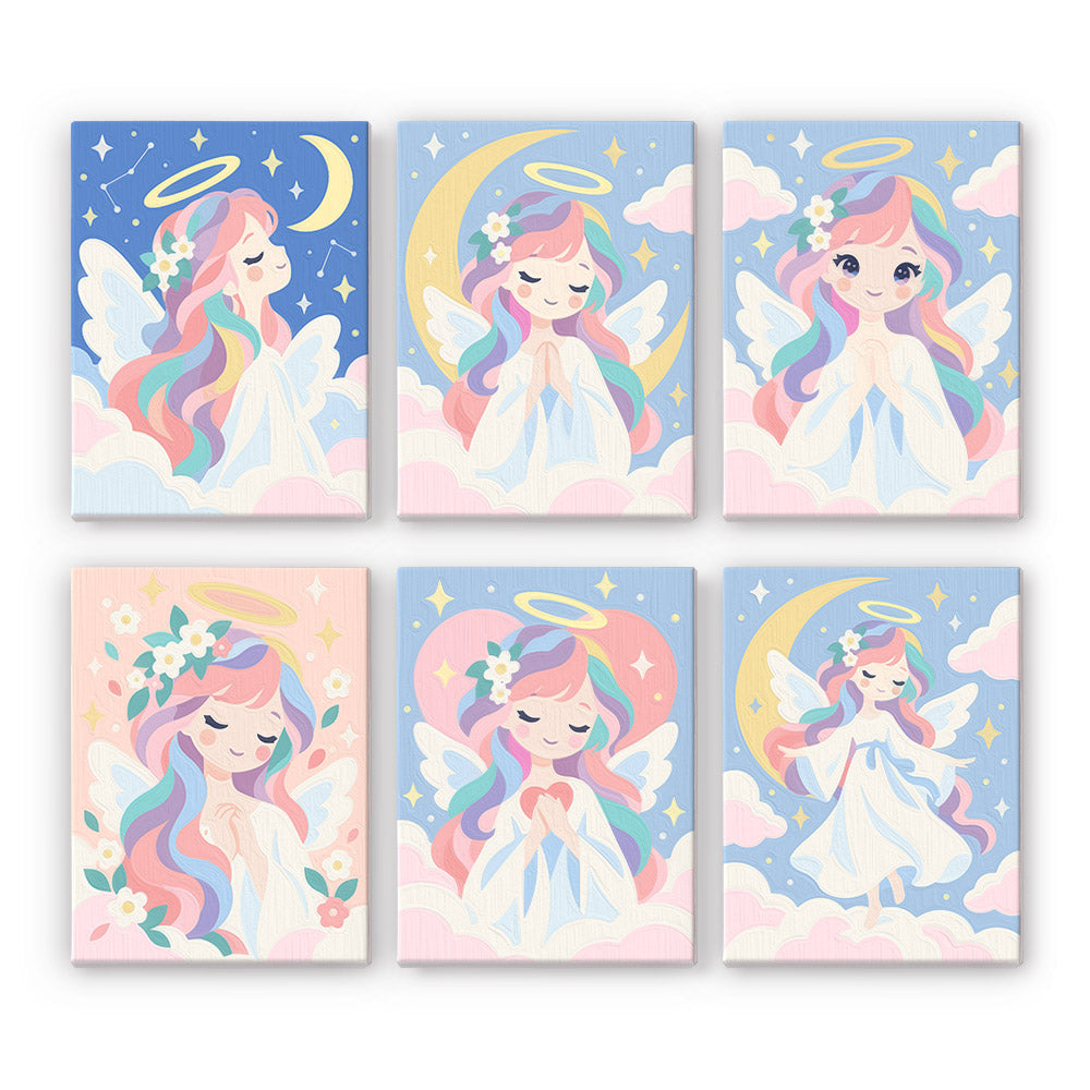 Little Angels mini paint by numbers set: six designs of pastel angels with rainbow hair, halos, moons and clouds