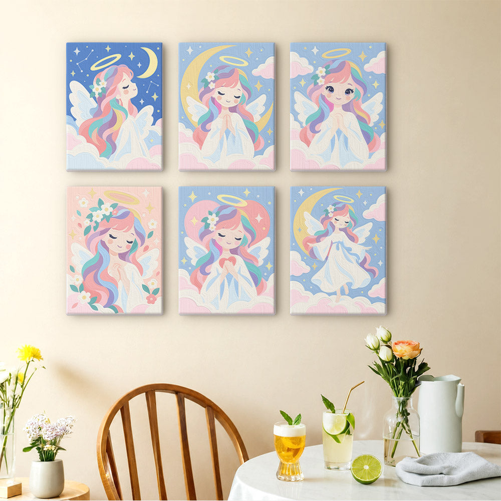 Little Angels mini paintings displayed as a gallery wall in a sunny kitchen