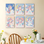 Little Angels mini paintings displayed as a gallery wall in a sunny kitchen