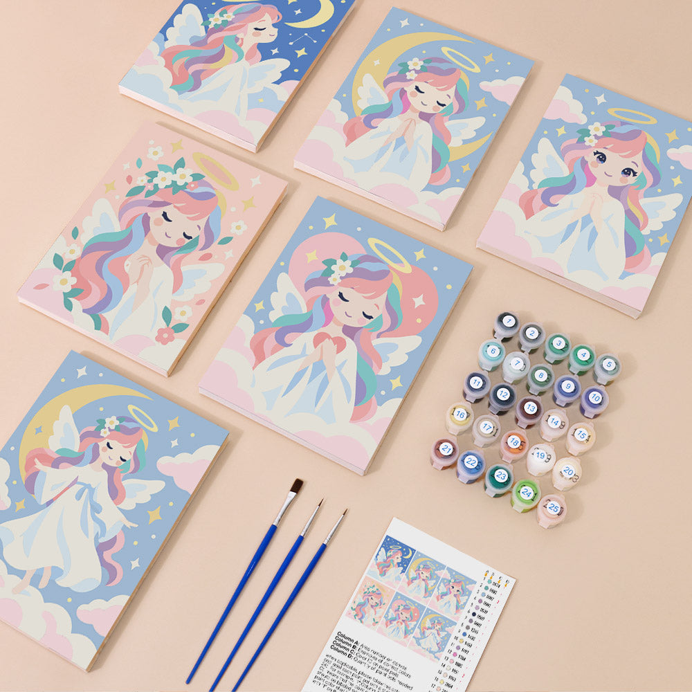 Little Angels mini paint by numbers kit with six numbered canvases, acrylic paints, brushes and layout