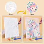 Before and after of a Little Angels mini paint by numbers canvas