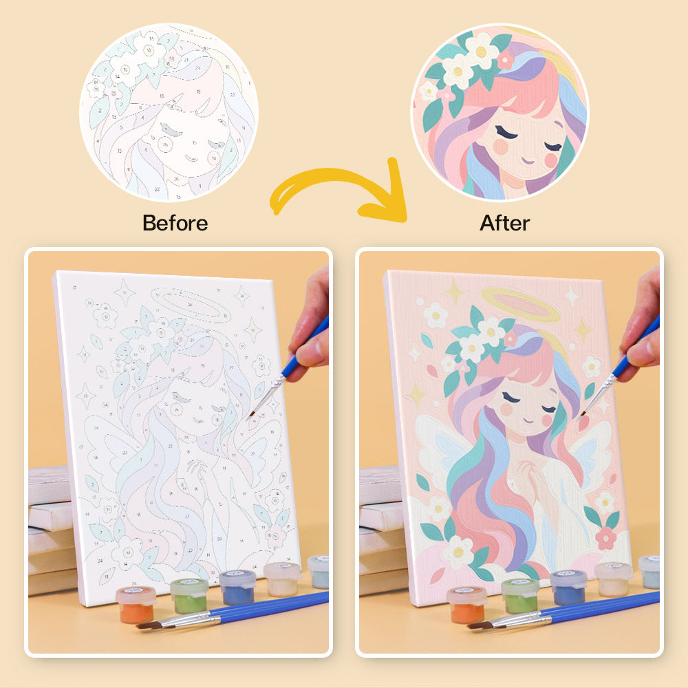 Before and after of a Little Angels mini paint by numbers canvas