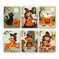 Little Autumn Witches mini paint by numbers set: six sweet fall Halloween scenes with little witches, a black cat, a pumpkin ghost and a pumpkin-head child