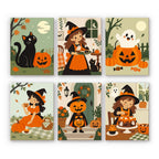 Little Autumn Witches mini paint by numbers set: six sweet fall Halloween scenes with little witches, a black cat, a pumpkin ghost and a pumpkin-head child
