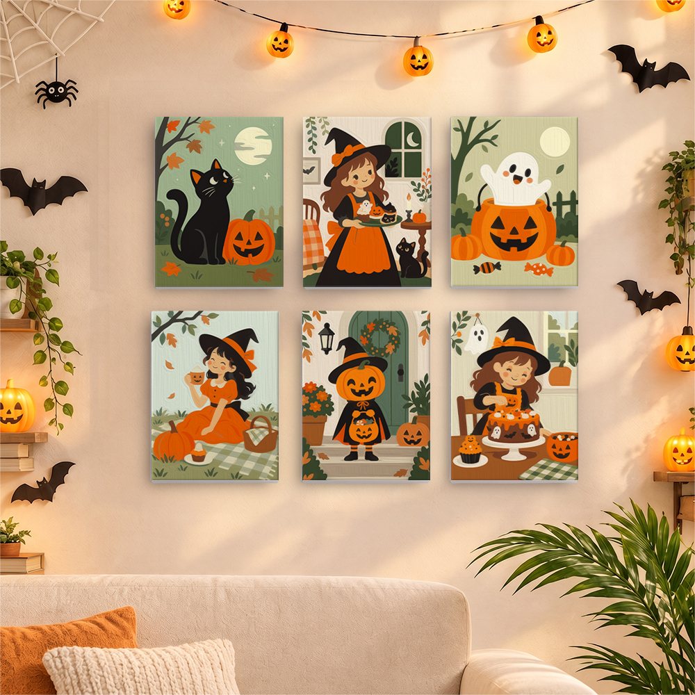 Six finished Little Autumn Witches mini paintings hung on a wall above a table