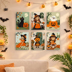 Six finished Little Autumn Witches mini paintings hung on a wall above a table