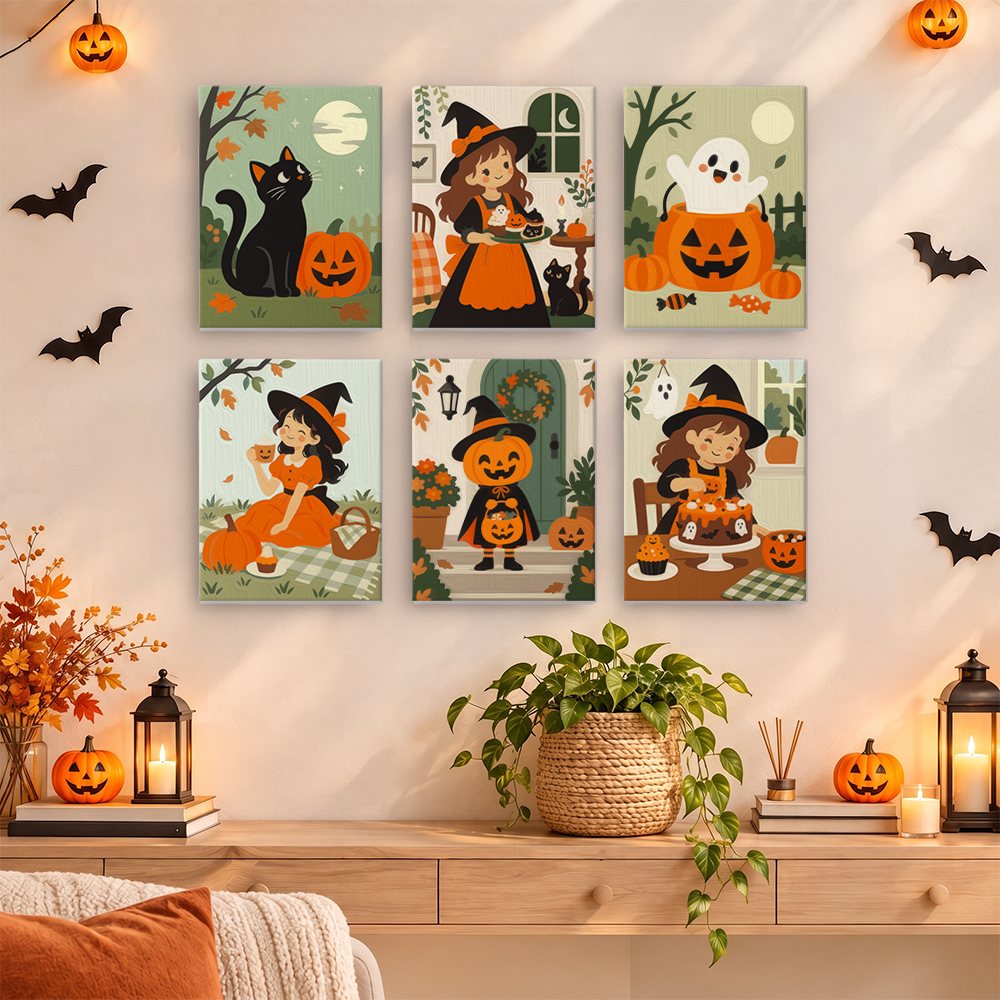 Little Autumn Witches mini paintings displayed as a gallery wall in a sunny kitchen
