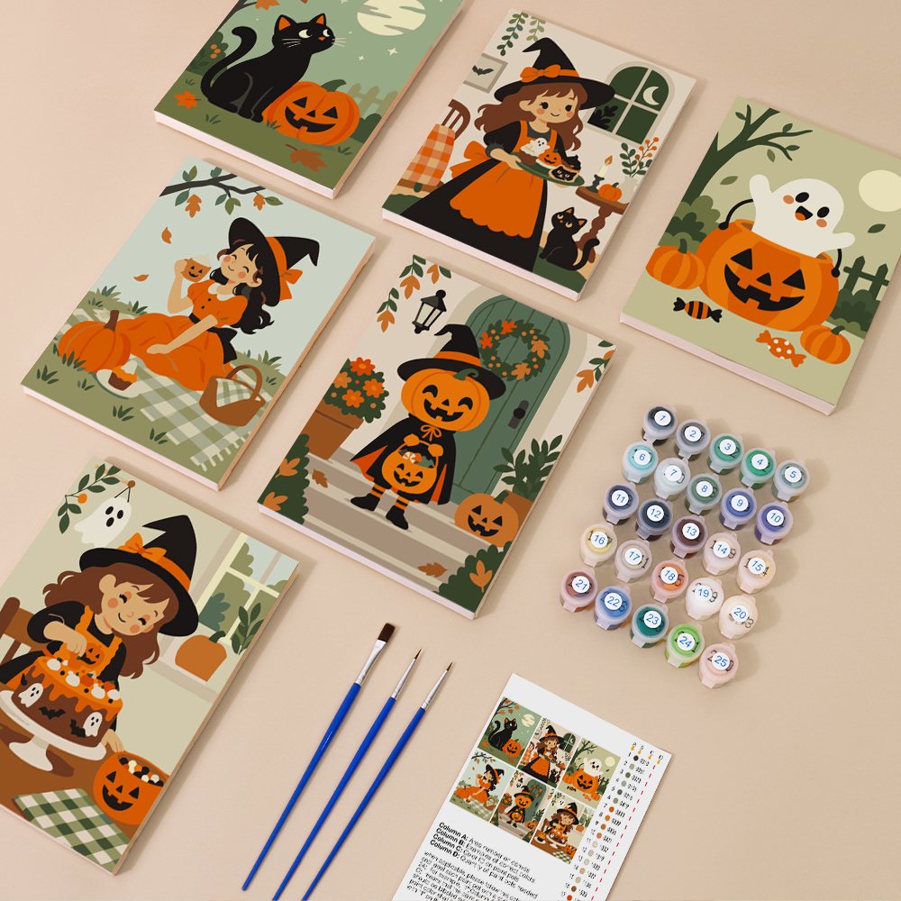 Little Autumn Witches mini paint by numbers kit with six numbered canvases, acrylic paints, brushes and layout
