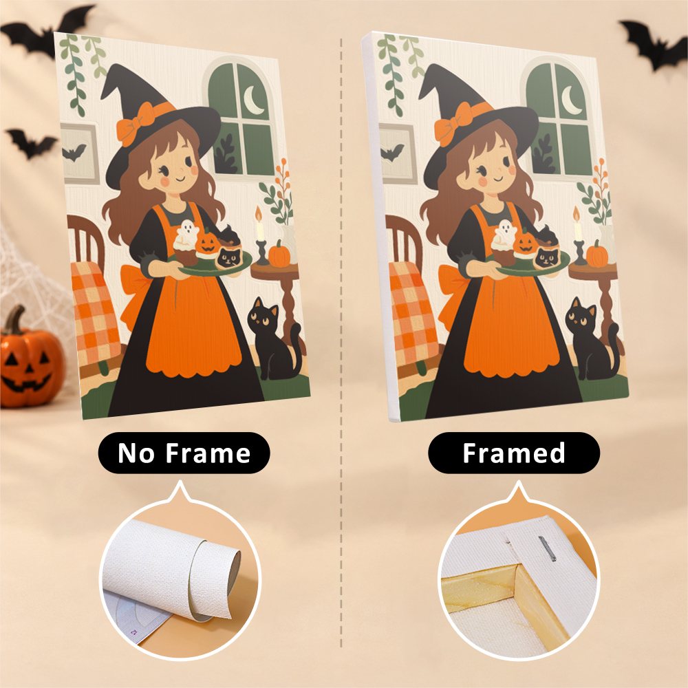 Little Autumn Witches mini canvas shown rolled without a frame and pre-stretched on a frame