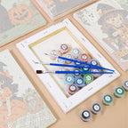 Numbered paint pots and brushes on a pre-stretched Little Autumn Witches mini canvas
