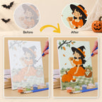 Before and after of a Little Autumn Witches mini paint by numbers canvas