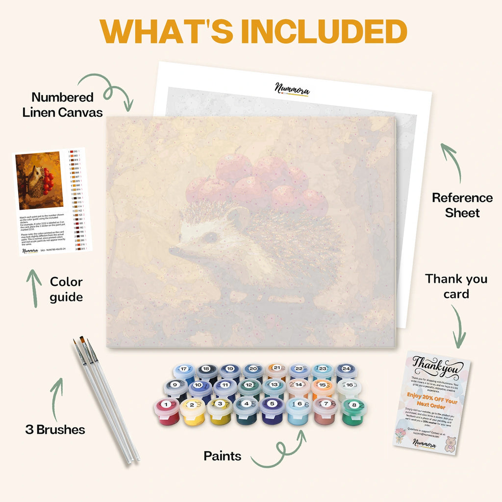 What's included in the Little Forager paint by numbers kit: numbered linen canvas, reference sheet, color guide, 24 acrylic paints, 3 brushes and thank you card