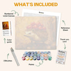 What's included in the Little Forager paint by numbers kit: numbered linen canvas, reference sheet, color guide, 24 acrylic paints, 3 brushes and thank you card