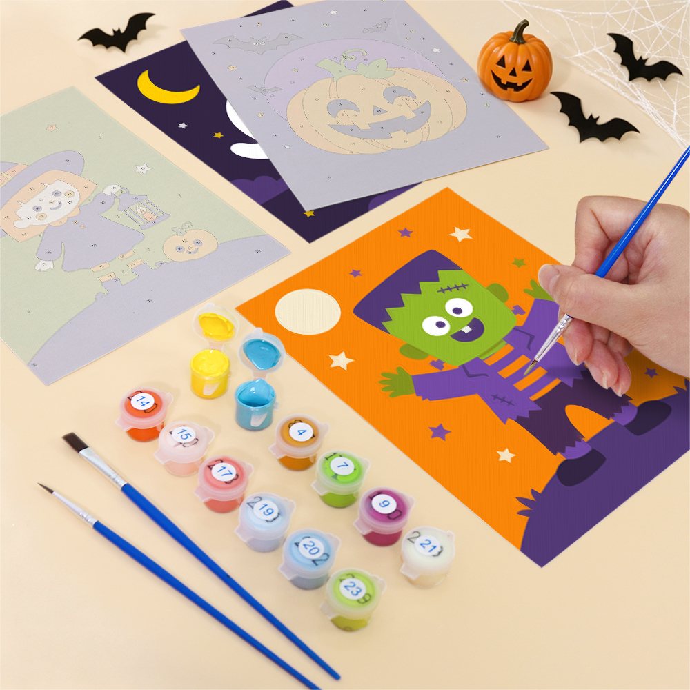 Filling in a Little Monsters mini canvas with numbered acrylic paints and a fine brush
