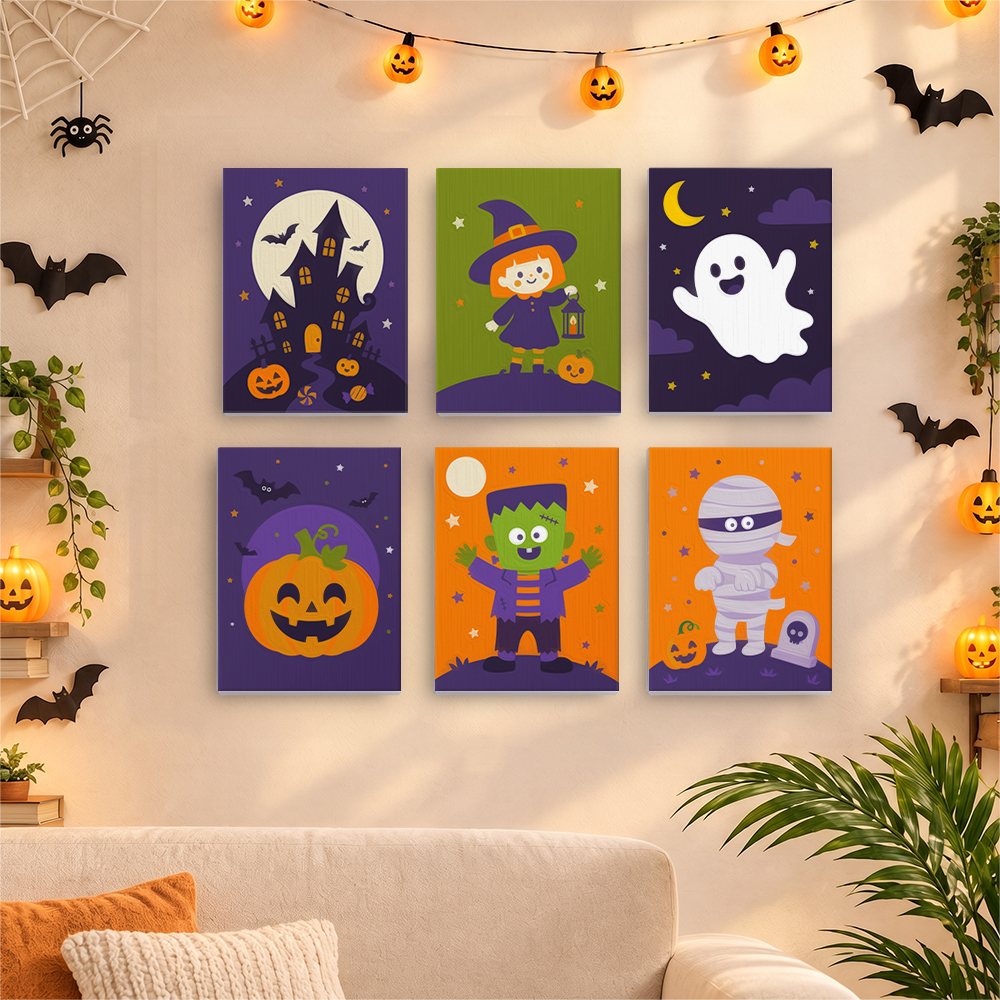 Six finished Little Monsters mini paintings hung on a wall above a table
