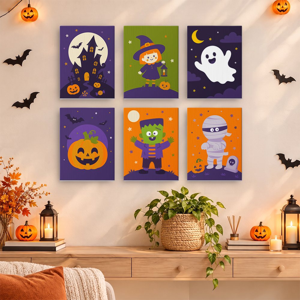 Little Monsters mini paintings displayed as a gallery wall in a sunny kitchen