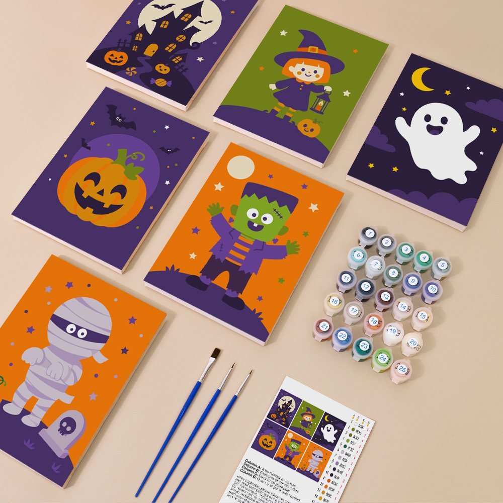 Little Monsters mini paint by numbers kit with six numbered canvases, acrylic paints, brushes and layout