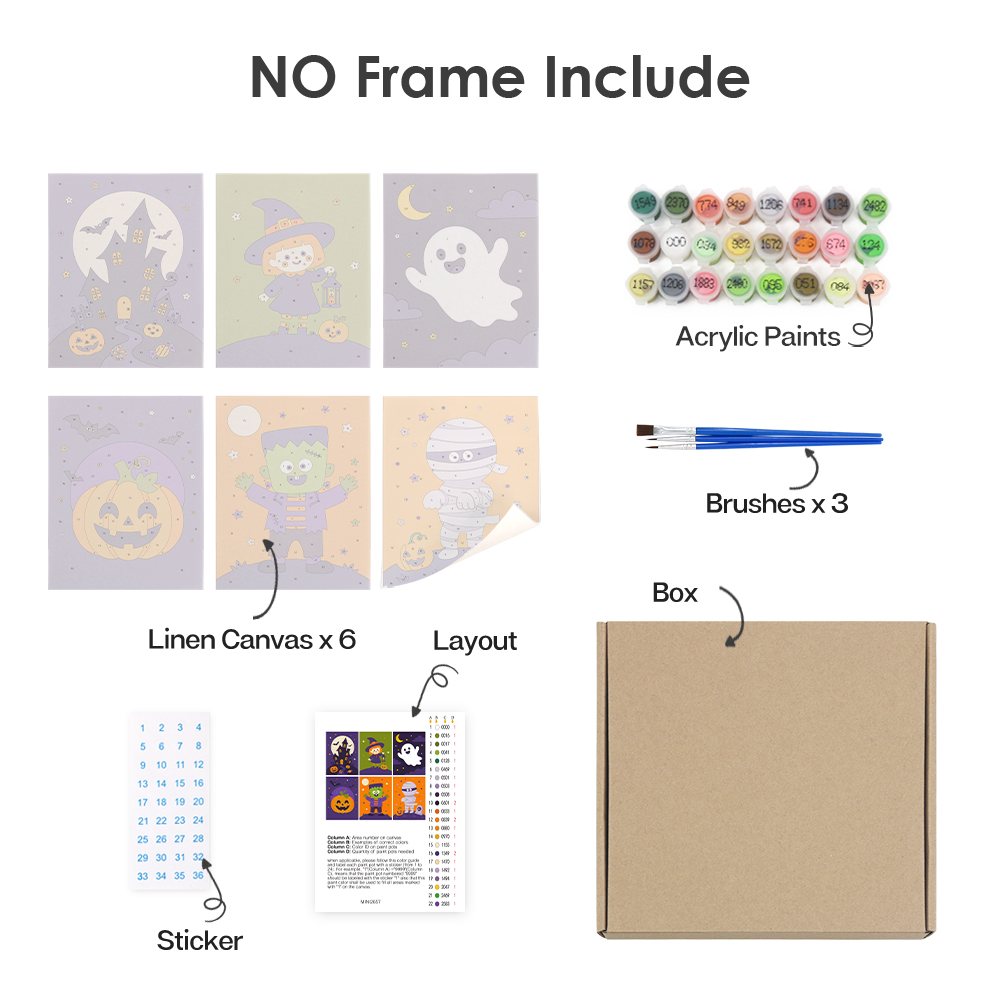 What's included without a frame: six rolled Little Monsters mini canvases, acrylic paints, three brushes and layout