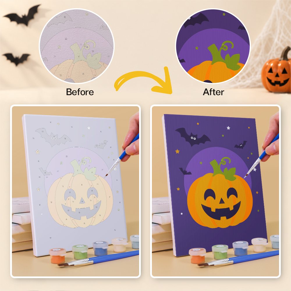 Before and after of a Little Monsters mini paint by numbers canvas