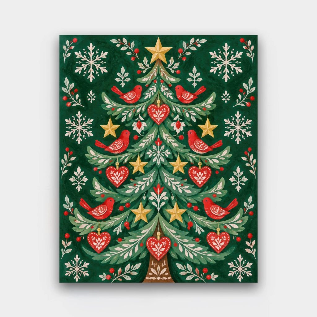 Little Red Birds Tree paint by numbers kit of a Scandinavian folk-art Christmas tree with red birds, hearts and gold stars on deep green