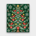 Little Red Birds Tree paint by numbers kit of a Scandinavian folk-art Christmas tree with red birds, hearts and gold stars on deep green