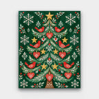 Little Red Birds Tree paint by numbers kit of a Scandinavian folk-art Christmas tree with red birds, hearts and gold stars on deep green