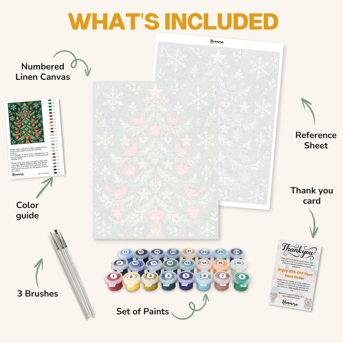 What's included in the Little Red Birds Tree paint by numbers kit: numbered linen canvas, reference sheet, color guide, 24 acrylic paints, 3 brushes and thank you card