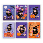 Little Witch Adventures mini paint by numbers set: six scenes of a cute little witch with ghosts, jack-o'-lanterns, skulls, potions and autumn leaves