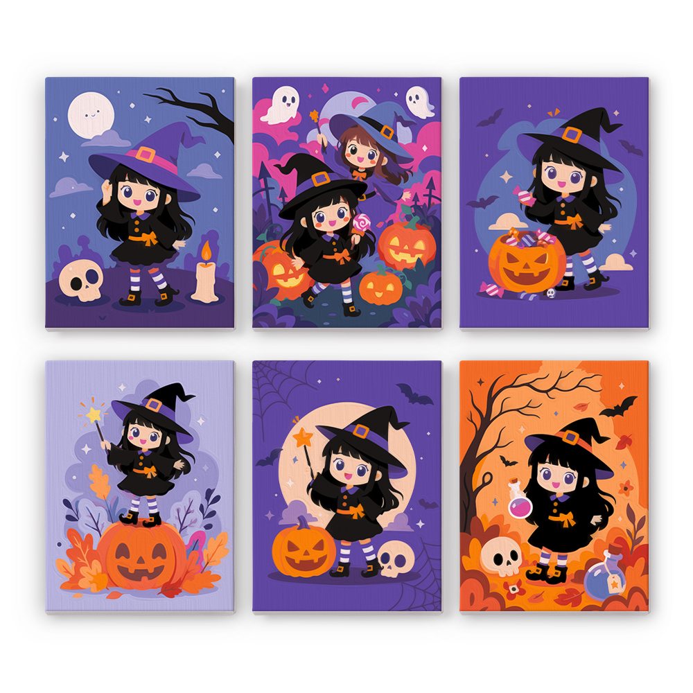 Little Witch Adventures mini paint by numbers set: six scenes of a cute little witch with ghosts, jack-o'-lanterns, skulls, potions and autumn leaves