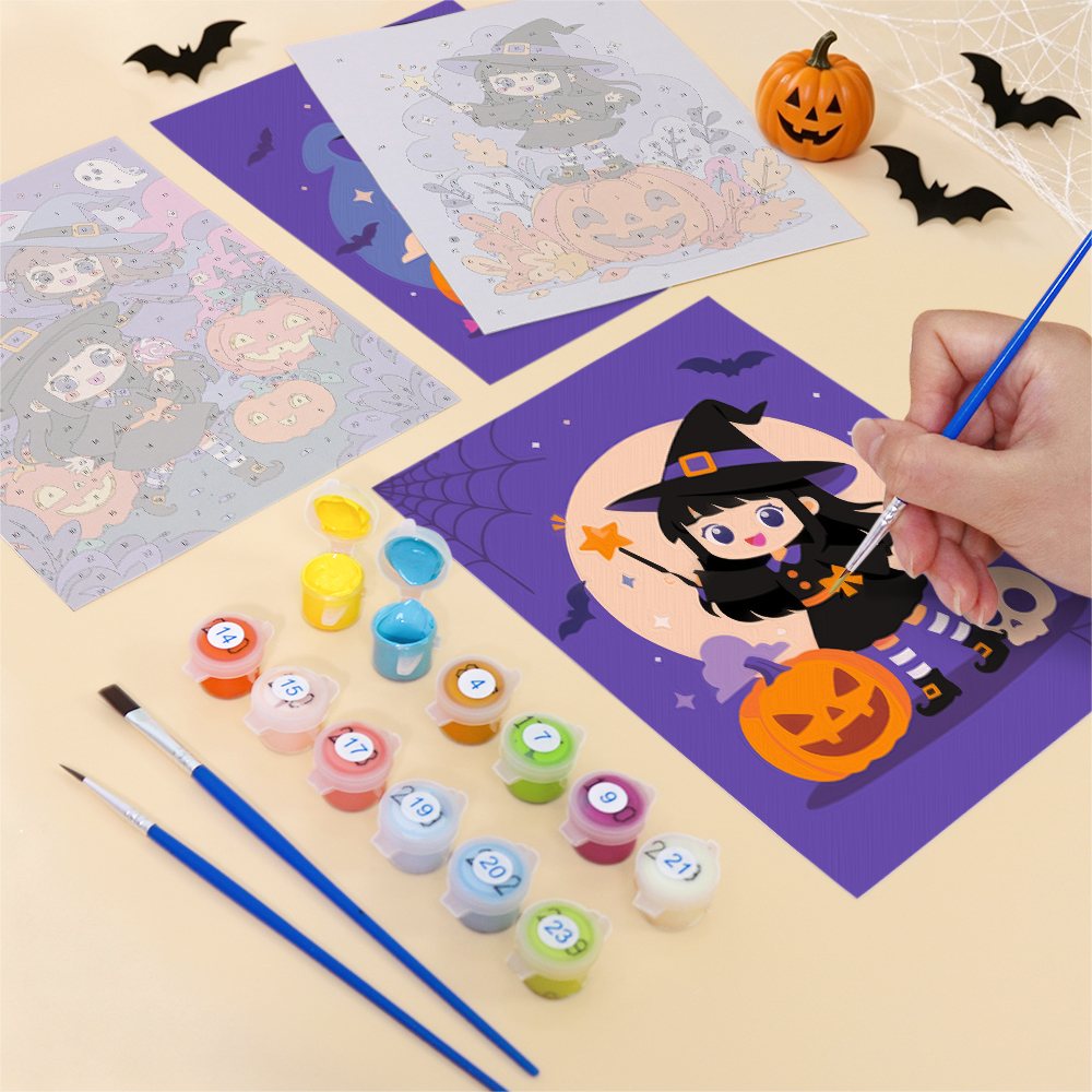 Filling in a Little Witch Adventures mini canvas with numbered acrylic paints and a fine brush