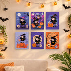 Six finished Little Witch Adventures mini paintings hung on a wall above a table