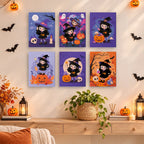 Little Witch Adventures mini paintings displayed as a gallery wall in a sunny kitchen