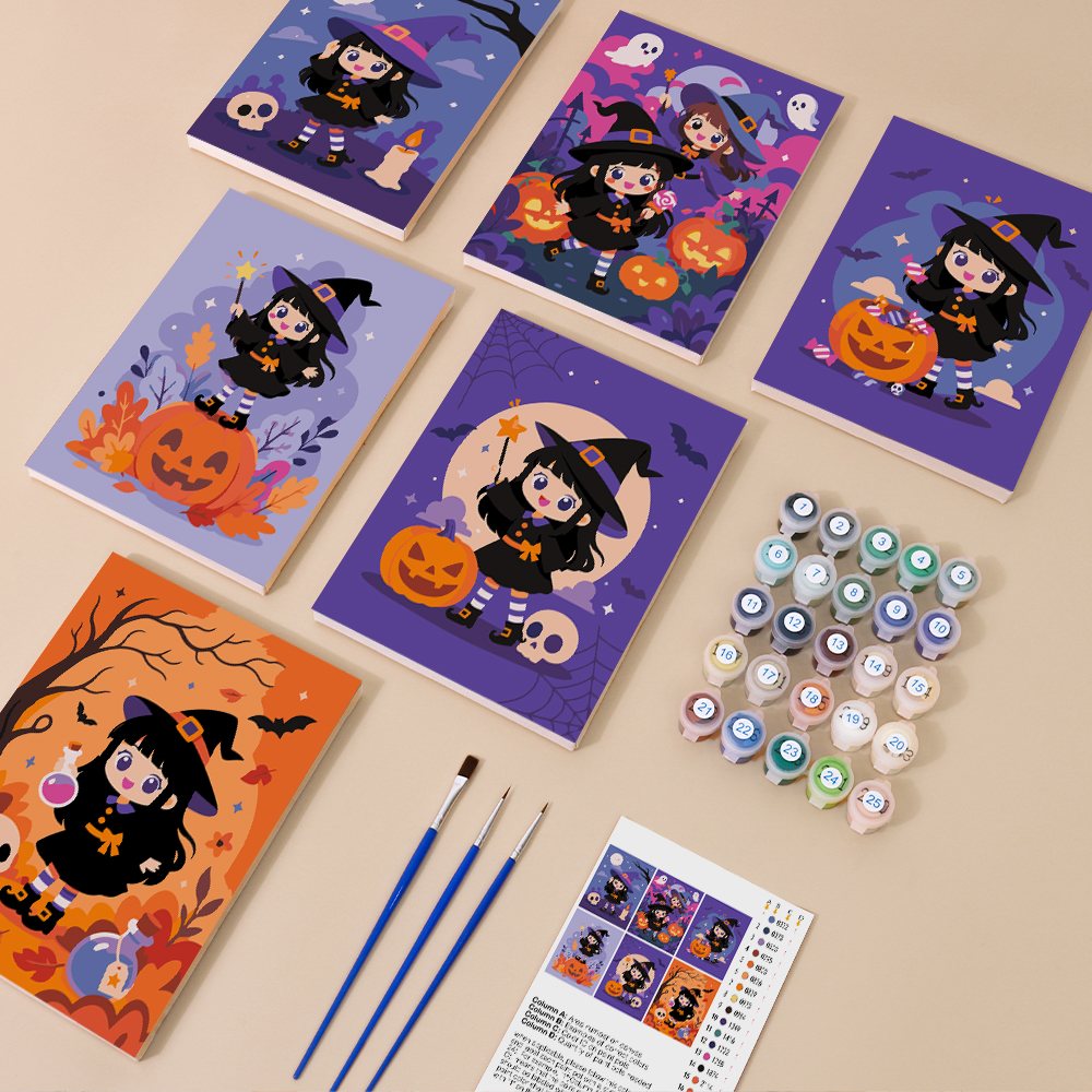 Little Witch Adventures mini paint by numbers kit with six numbered canvases, acrylic paints, brushes and layout