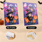 Little Witch Adventures mini canvas shown rolled without a frame and pre-stretched on a frame