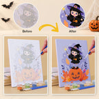 Before and after of a Little Witch Adventures mini paint by numbers canvas
