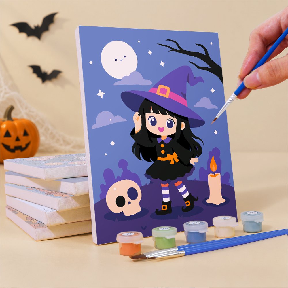 Painting a Little Witch Adventures mini canvas propped up beside numbered acrylic paints