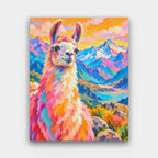 Llama in the Andes paint by numbers kit of a llama in front of mountains painted in bold pinks, turquoise and orange