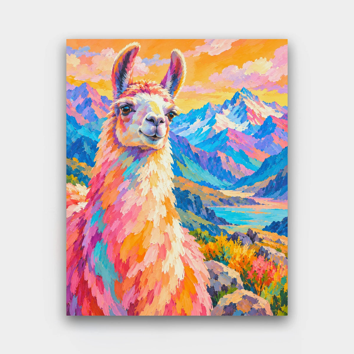 Llama in the Andes paint by numbers kit of a llama in front of mountains painted in bold pinks, turquoise and orange