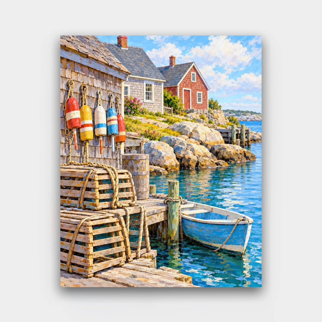 Lobster Buoy Harbor paint by numbers kit of shingle cottages, stacked lobster traps, colorful buoys and a small boat on a rocky harbor