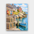 Lobster Buoy Harbor paint by numbers kit of shingle cottages, stacked lobster traps, colorful buoys and a small boat on a rocky harbor