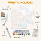 What's included in the Lobster Buoy Harbor paint by numbers kit: numbered linen canvas, reference sheet, color guide, 24 acrylic paints, 3 brushes and thank you card