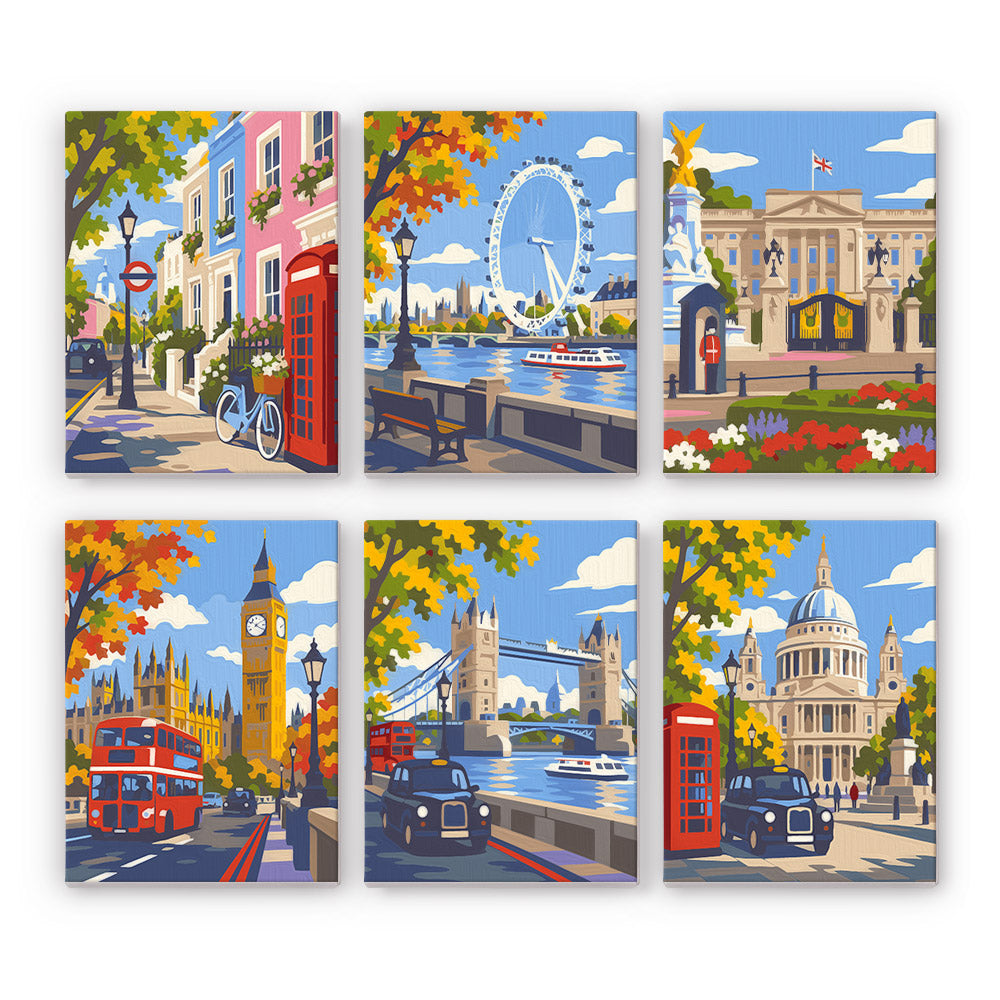 London Days mini paint by numbers set: six London scenes with red phone boxes, double-decker buses, Big Ben, Tower Bridge and the Thames