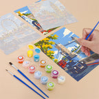 Filling in a London Days mini canvas with numbered acrylic paints and a fine brush