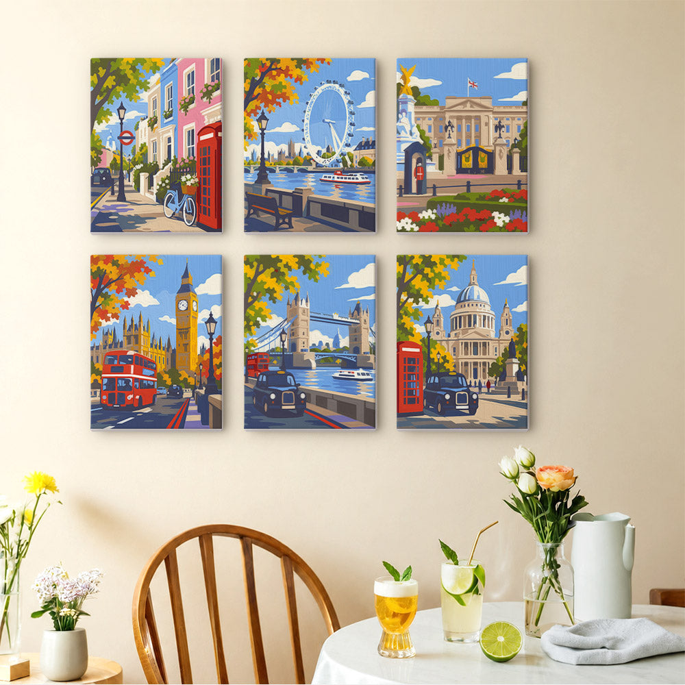 London Days mini paintings displayed as a gallery wall in a sunny kitchen