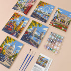 London Days mini paint by numbers kit with six numbered canvases, acrylic paints, brushes and layout